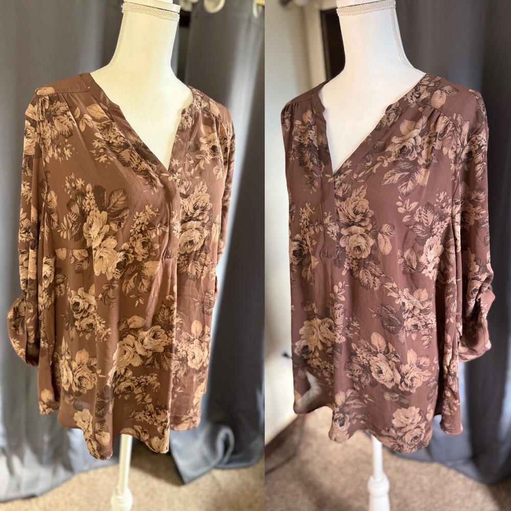 Torrid Harper Blouse 2 Brown Floral Rose Georgette Roll Tab Pullover Top nwt - Picture 2 of 8
